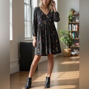 Old Navy Black Floral Fit & Flare Knit Midi Dress Women's Size M Boho Feminine